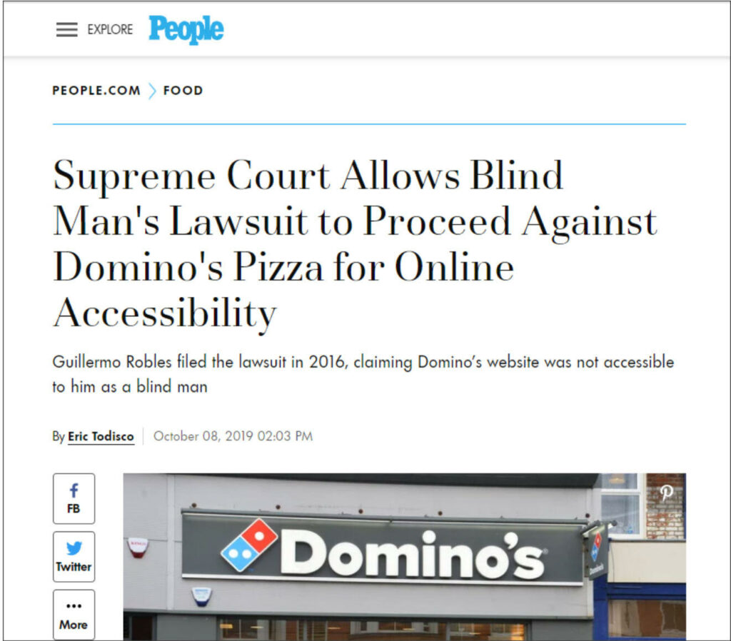 screenshot of ada lawsuit of dominos pizza